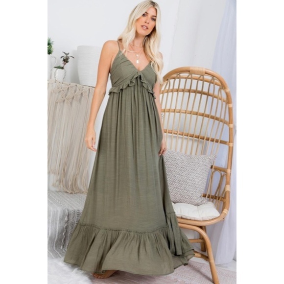 SOLD OUT Olive Bohemian Ruffle Long Full Length Sleeveless Casual Maxi Dress - Picture 3 of 4